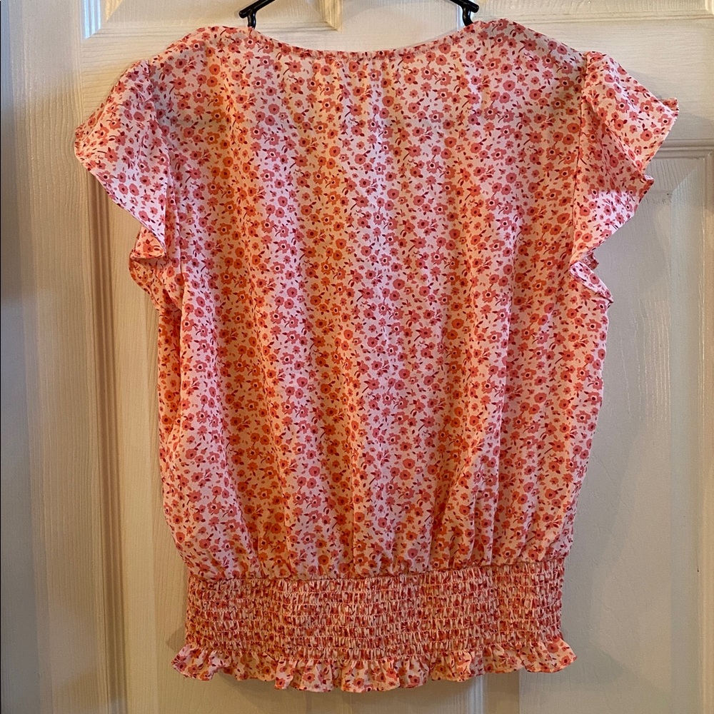 Lush Pink Peach Coral Floral Ruffle Blouse - Picture 9 of 12